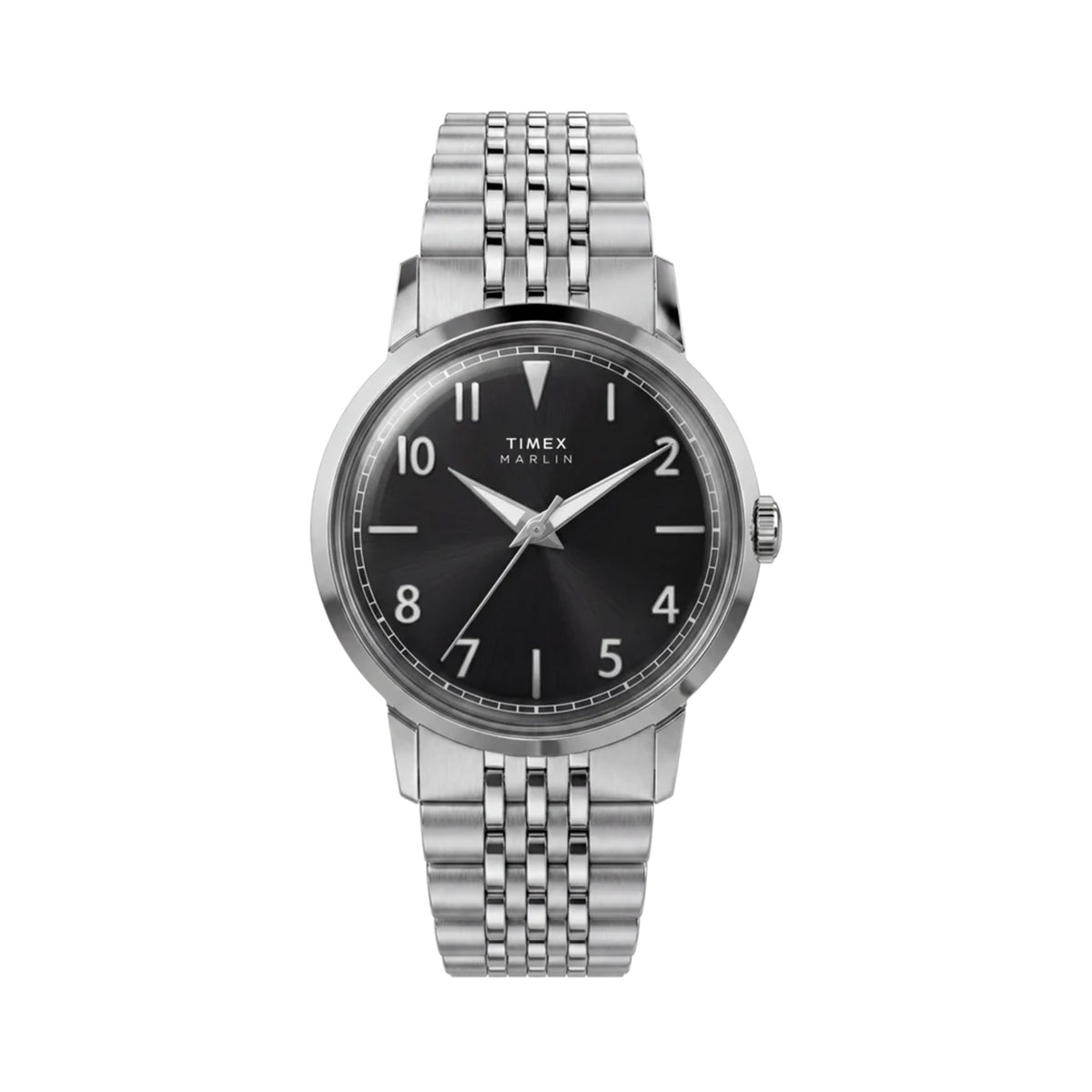 The Timex Marlin Quartz 34mm Watch TW6A04200 features a black sunray dial with polished metallic markers and luminant hands. The domed acrylic crystal adds a vintage-inspired silhouette to the silver-tone case.