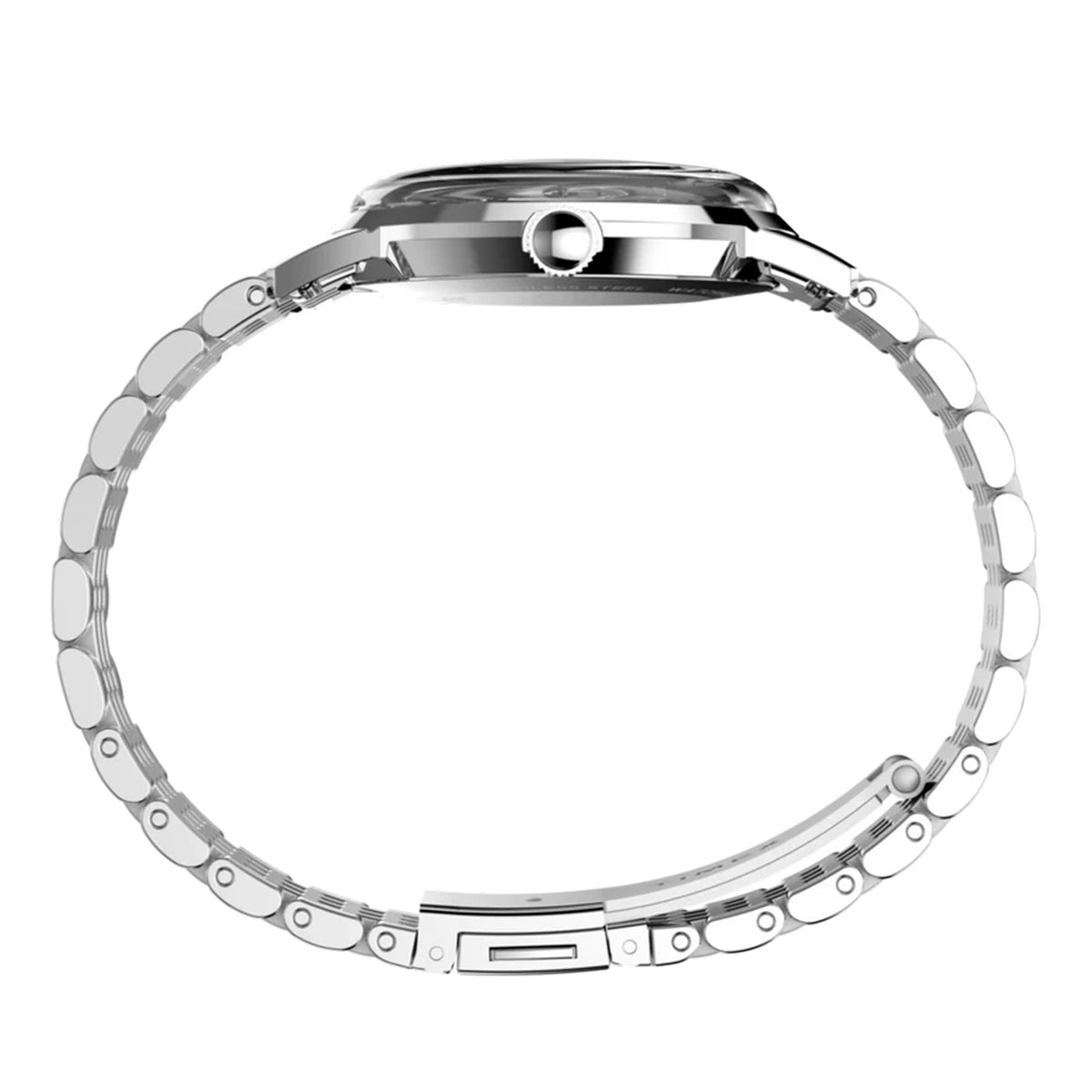 The Timex Marlin Quartz 34mm Watch TW6A04200 shows off its polished stainless steel case and vintage-style domed acrylic crystal from the side.