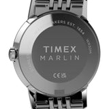 The Timex Marlin Quartz 34mm Watch TW6A04200 features a stainless steel case back, powered by a reliable SR626SW battery inside the quartz movement.