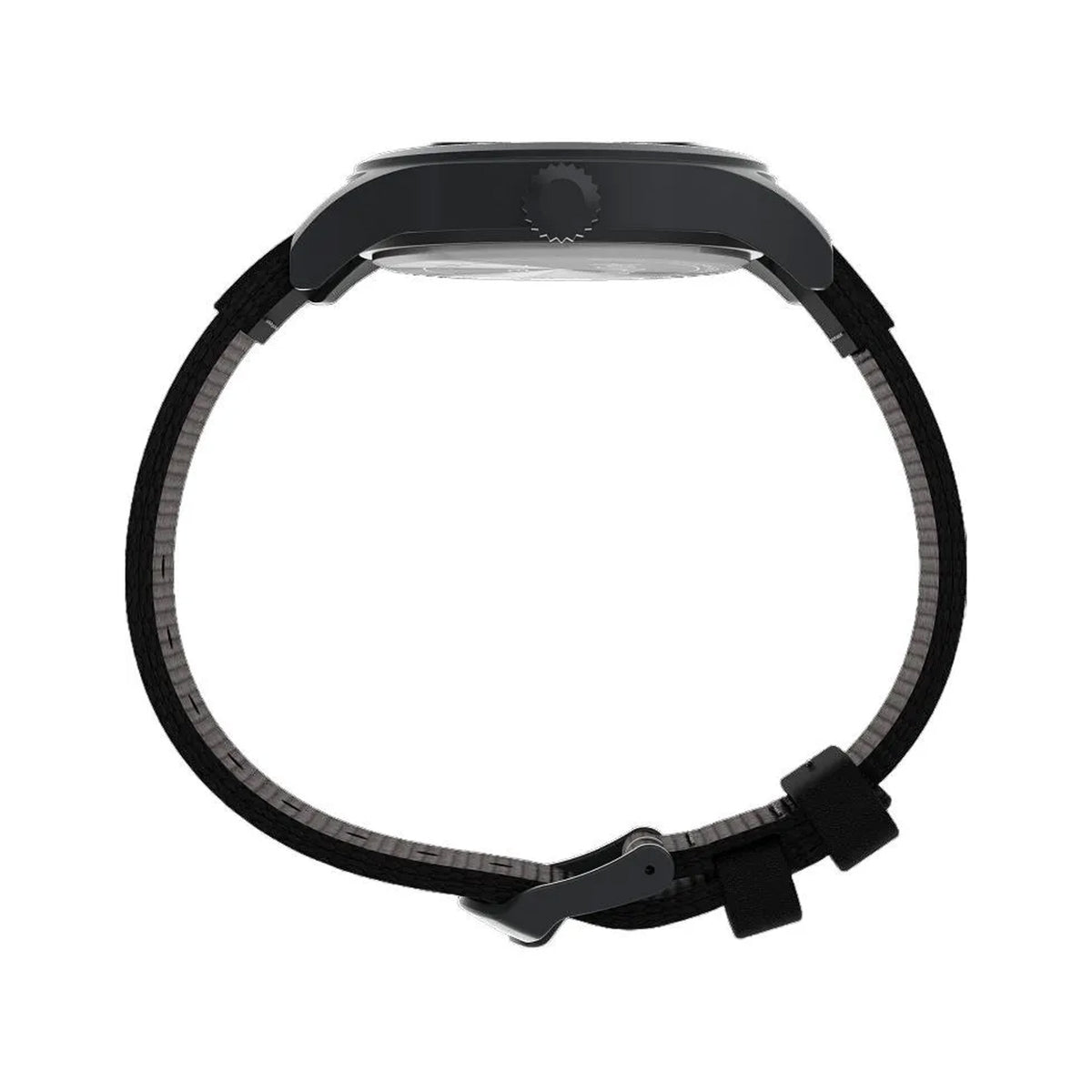 The Timex x Harry Potter Bolt Expedition Scout Quartz 40mm Watch TW6A05700 shows its round black brass case from the side. The slim 10.5mm profile sits under a mineral crystal.