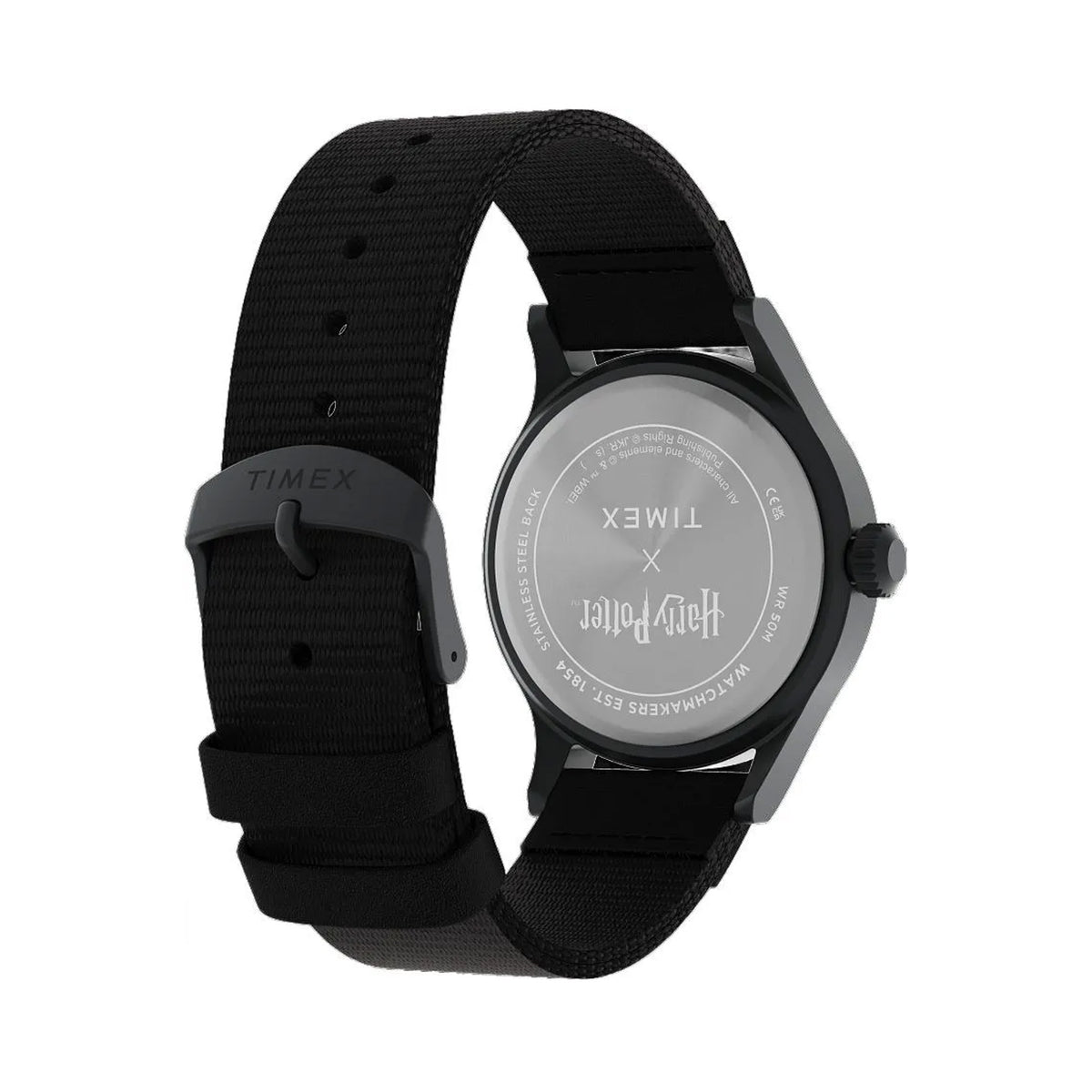 The Timex x Harry Potter Bolt Expedition Scout Quartz 40mm Watch TW6A05700 has a case back engraved with the Harry Potter logo. A battery-powered quartz movement sits inside the case.