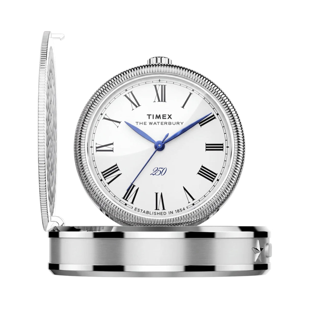 The Timex Waterbury America 250 Table Clock TW6A05900 reveals a bright white dial with full Roman numerals, a railroad-style minute track, and metallic blue hands when opened. The commemorative "250" marking sits at the 6 o'clock position.