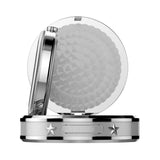 The Timex Waterbury America 250 Table Clock TW6A05900 features a guilloché-engraved back cover with a gold medallion bearing the historic Waterbury Clock Company logo. Star-shaped details decorate the sides of the case.