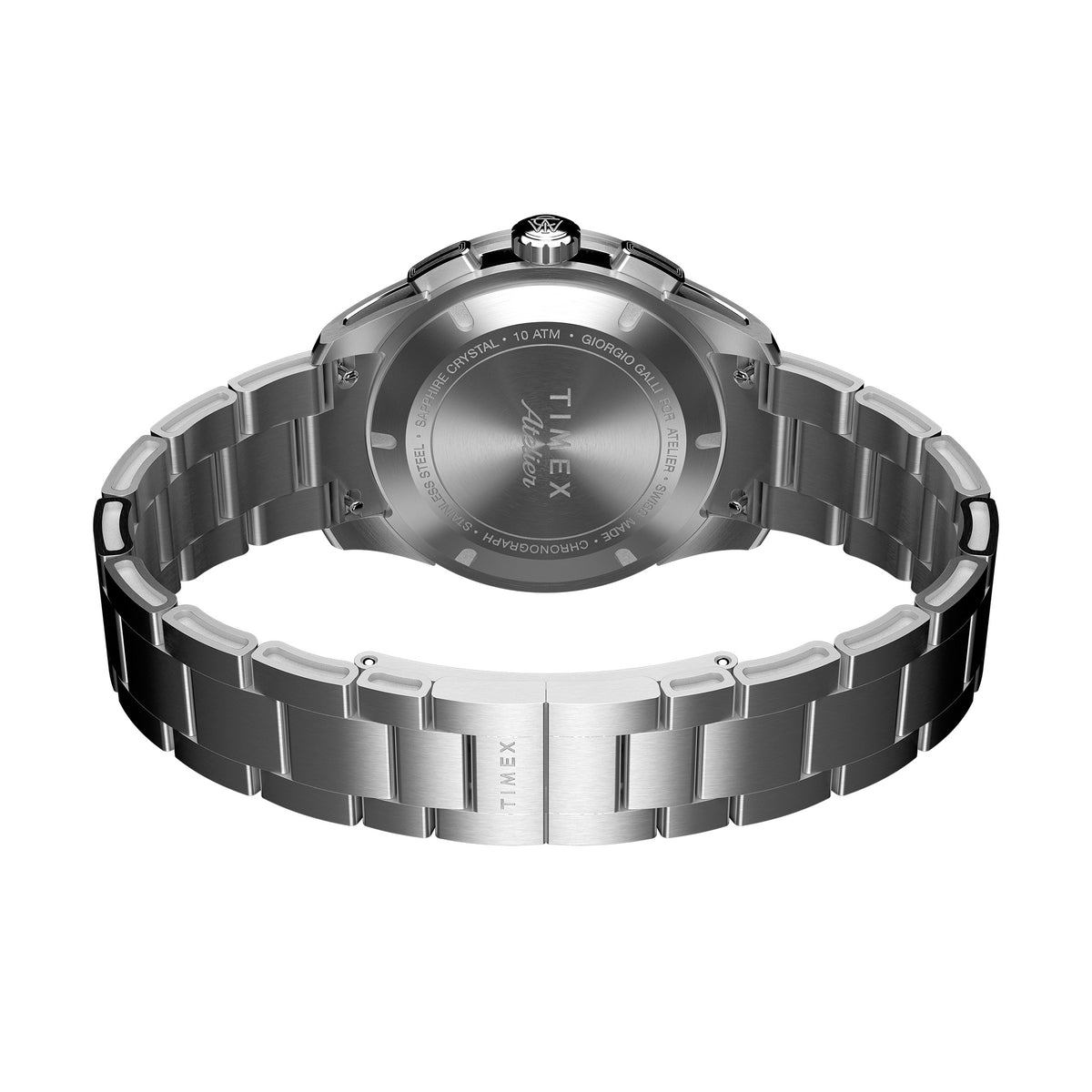 The Timex Atelier Quartz Chronograph Men's 40mm Watch TW6A06900 pairs its skeletonized stainless steel case with a matching self-adjustable stainless steel bracelet for a refined, elevated look.