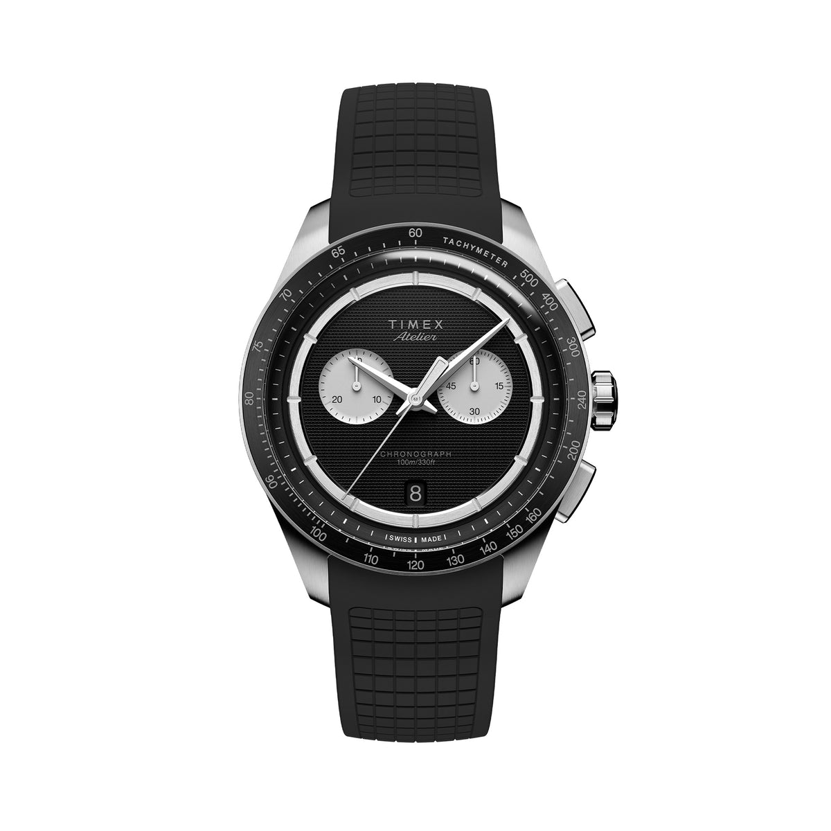 The Timex Atelier Quartz Chronograph Men's 40mm Watch TW6A07000 features a guilloché-engraved black dial with dual sub-dials, a date window, and a tachymeter scale on the top ring.