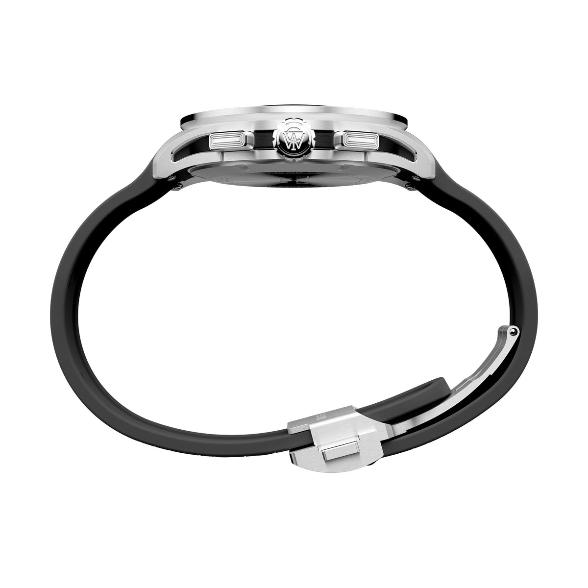 The Timex Atelier Quartz Chronograph Men's 40mm Watch TW6A07000 shows off its double-curved sapphire crystal, black IP-coated bezel insert, and stainless steel screw-down crown.