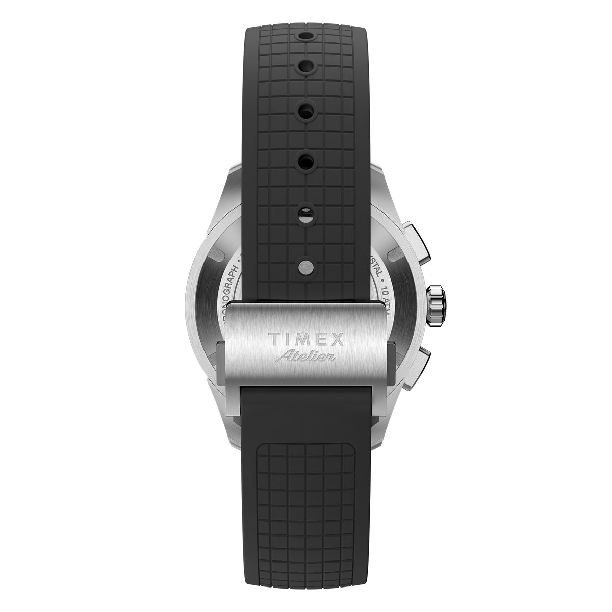 The Timex Atelier Quartz Chronograph Men's 40mm Watch TW6A07000 features a black NBR rubber strap with a quick-release mechanism and deployant clasp for a secure, comfortable fit.