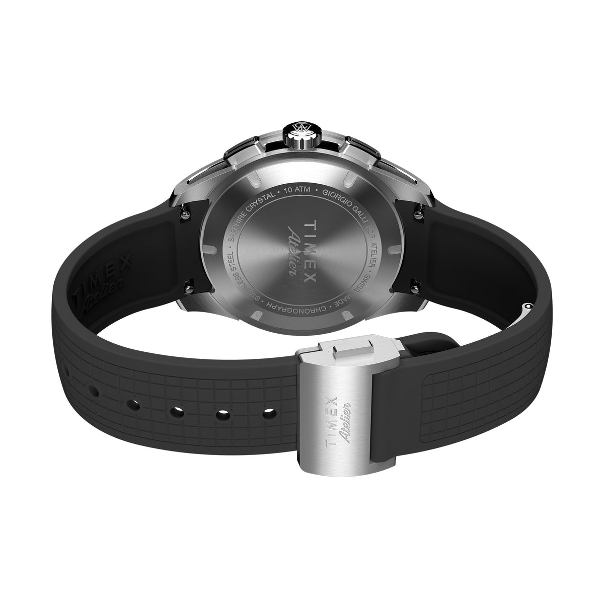 The Timex Atelier Quartz Chronograph Men's 40mm Watch TW6A07000 pairs its skeletonized stainless steel case with a black NBR synthetic rubber strap for a comfortable, refined look.