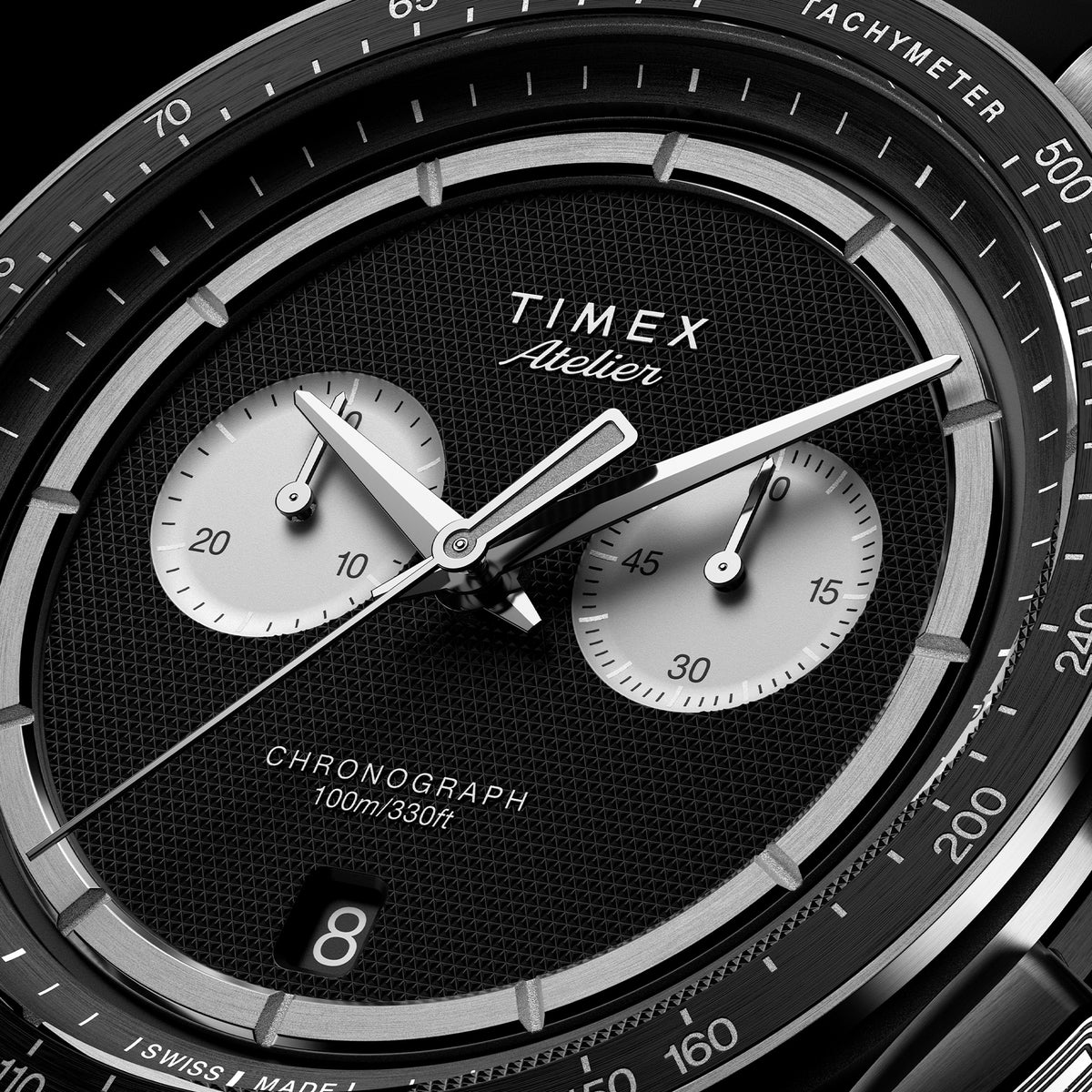 The Timex Atelier Quartz Chronograph Men's 40mm Watch TW6A07000 suits considered, design-led dressing, worn for the office or elevated everyday wear. The black guilloché dial and rubber strap bring refined sophistication to any outfit.