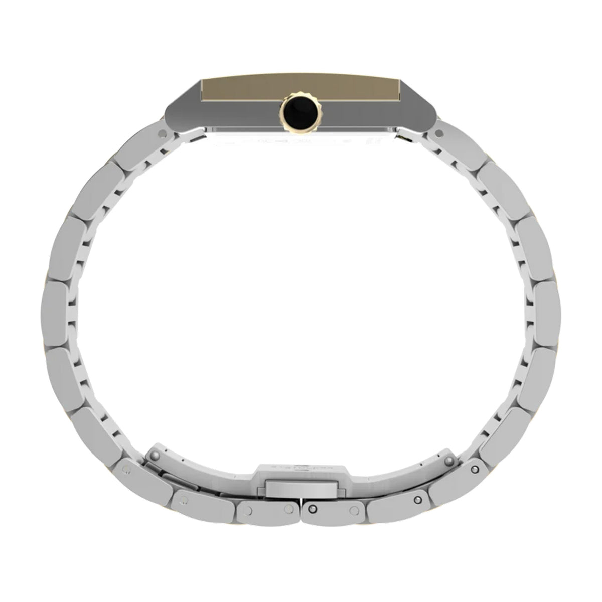 The Timex x Jacquie Aiche Éclat Quartz Women's 24mm Watch TW6A15000 shows its slim two-tone stainless steel case from the side. A black detail on the crown adds contrast to the gold-tone and silver-tone finish.