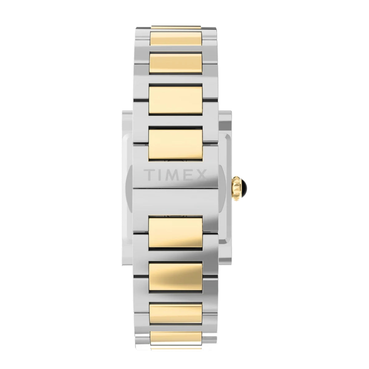 The Timex x Jacquie Aiche Éclat Quartz Women's 24mm Watch TW6A15000 has a two-tone stainless steel bracelet that closes with a butterfly clasp. The clasp gives a secure, seamless fit on the wrist.