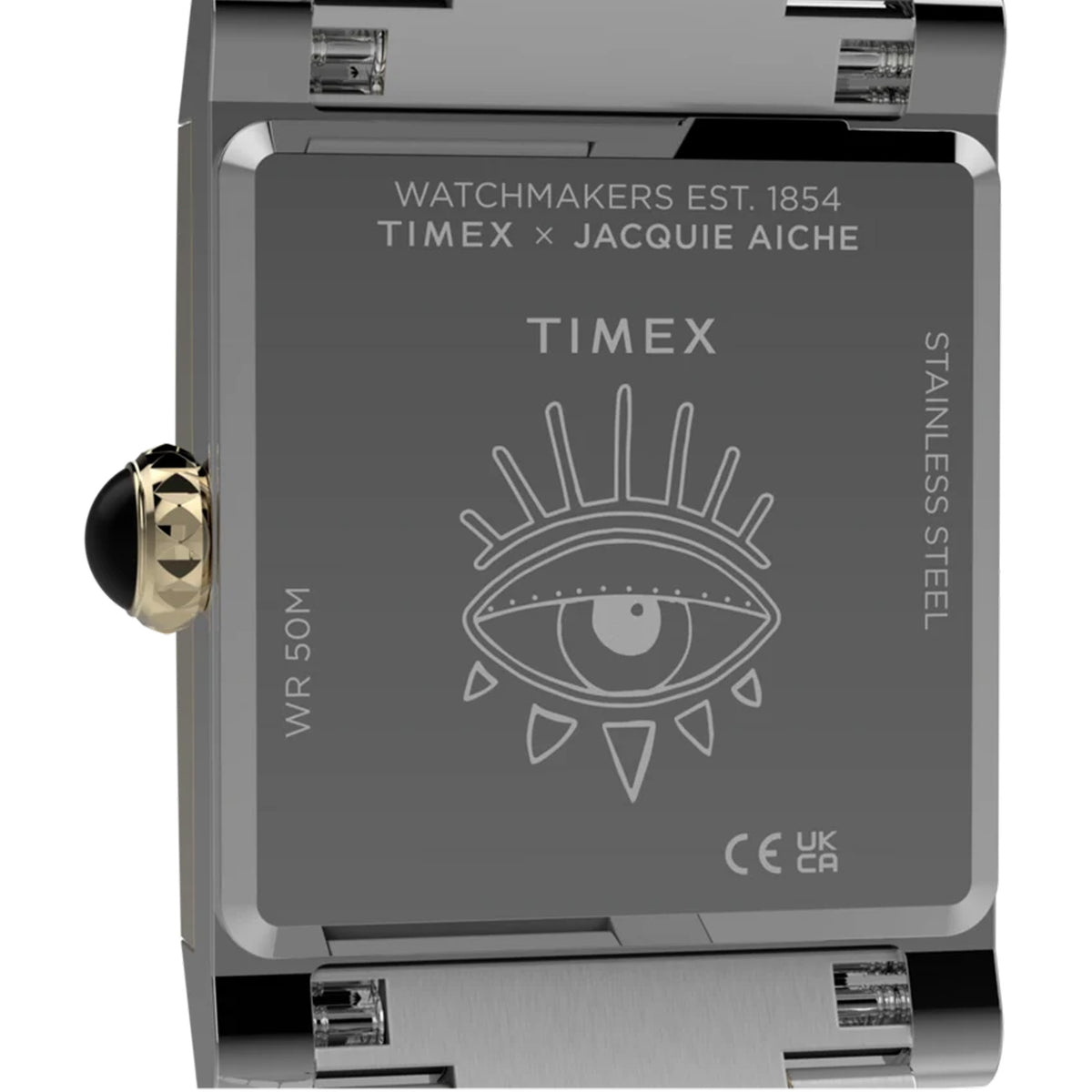 The Timex x Jacquie Aiche Éclat Quartz Women's 24mm Watch TW6A15000 has a special collaboration case back. A battery-powered quartz analog movement sits inside the case.