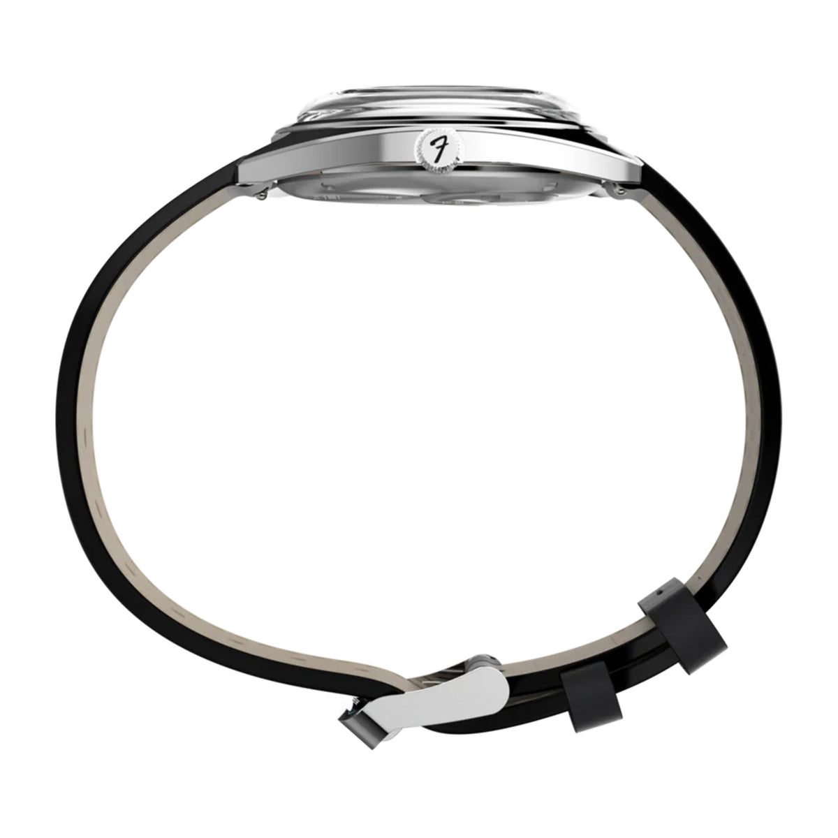 The Timex x Fender Quartz 37mm Watch TWG068900 shows its polished silver-tone stainless steel case from the side. The crown is engraved with the Fender logo.