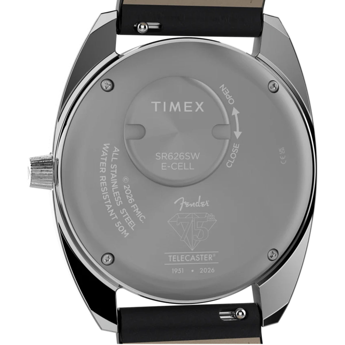 The Timex x Fender Quartz 37mm Watch TWG068900 has a case back engraved with the Telecaster 75th Anniversary logo. A battery-powered quartz analog movement sits inside the stainless steel case.