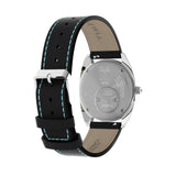 The Timex x Fender Quartz 37mm Watch TWG068900 has a black leather strap from S.B. Foot Tanning Co. with quick-release spring bars. The gift set also includes a second fabric strap inspired by Fender guitar straps.