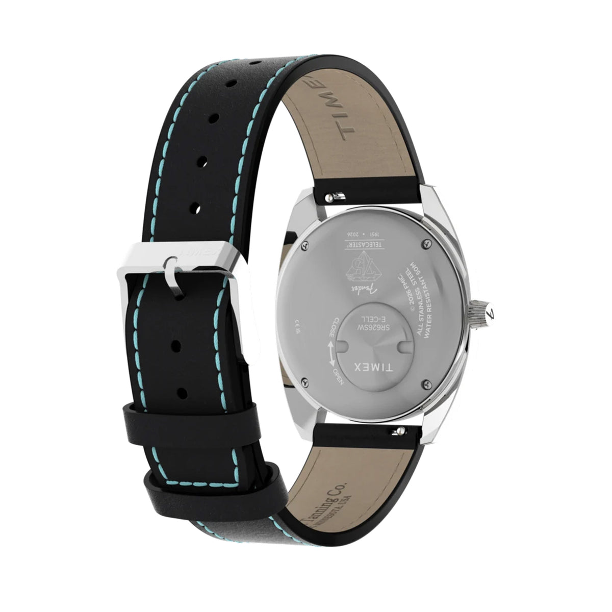 The Timex x Fender Quartz 37mm Watch TWG068900 has a black leather strap from S.B. Foot Tanning Co. with quick-release spring bars. The gift set also includes a second fabric strap inspired by Fender guitar straps.