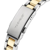 TAG Heuer Aquaracer Date WBD1320.BB0320 photographed in close-up focusing on the two-tone bracelet's gold-plated center links and steel outer links. The case is partially visible at the top of the frame, connecting to the bracelet via the lugs.