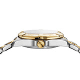 TAG Heuer Aquaracer Date WBD1322.BB0320 photographed from a side profile, showing the case thickness and screw-down gold-plated crown. The two-tone bracelet and bezel are visible together in frame.