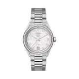 TAG Heuer Carrera Date WBN231E.BA0001 shown face-on with its mother-of-pearl dial and diamond-set bezel fully visible. The H-shaped steel bracelet is displayed straight down, showing its polished and brushed link pattern.