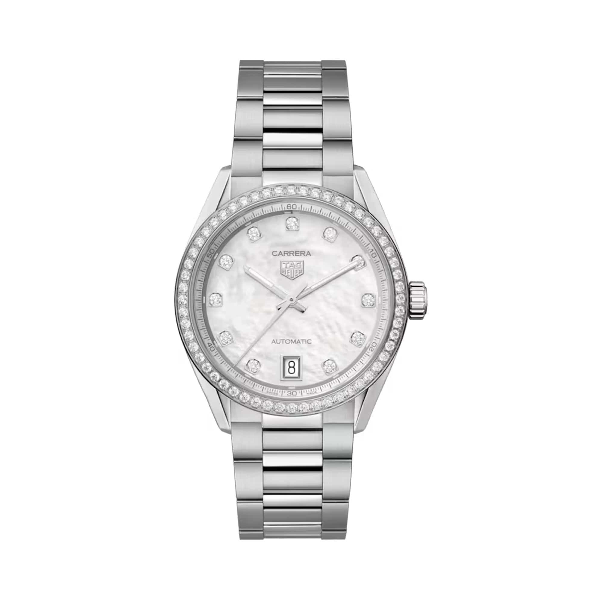 TAG Heuer Carrera Date WBN231E.BA0001 shown face-on with its mother-of-pearl dial and diamond-set bezel fully visible. The H-shaped steel bracelet is displayed straight down, showing its polished and brushed link pattern.