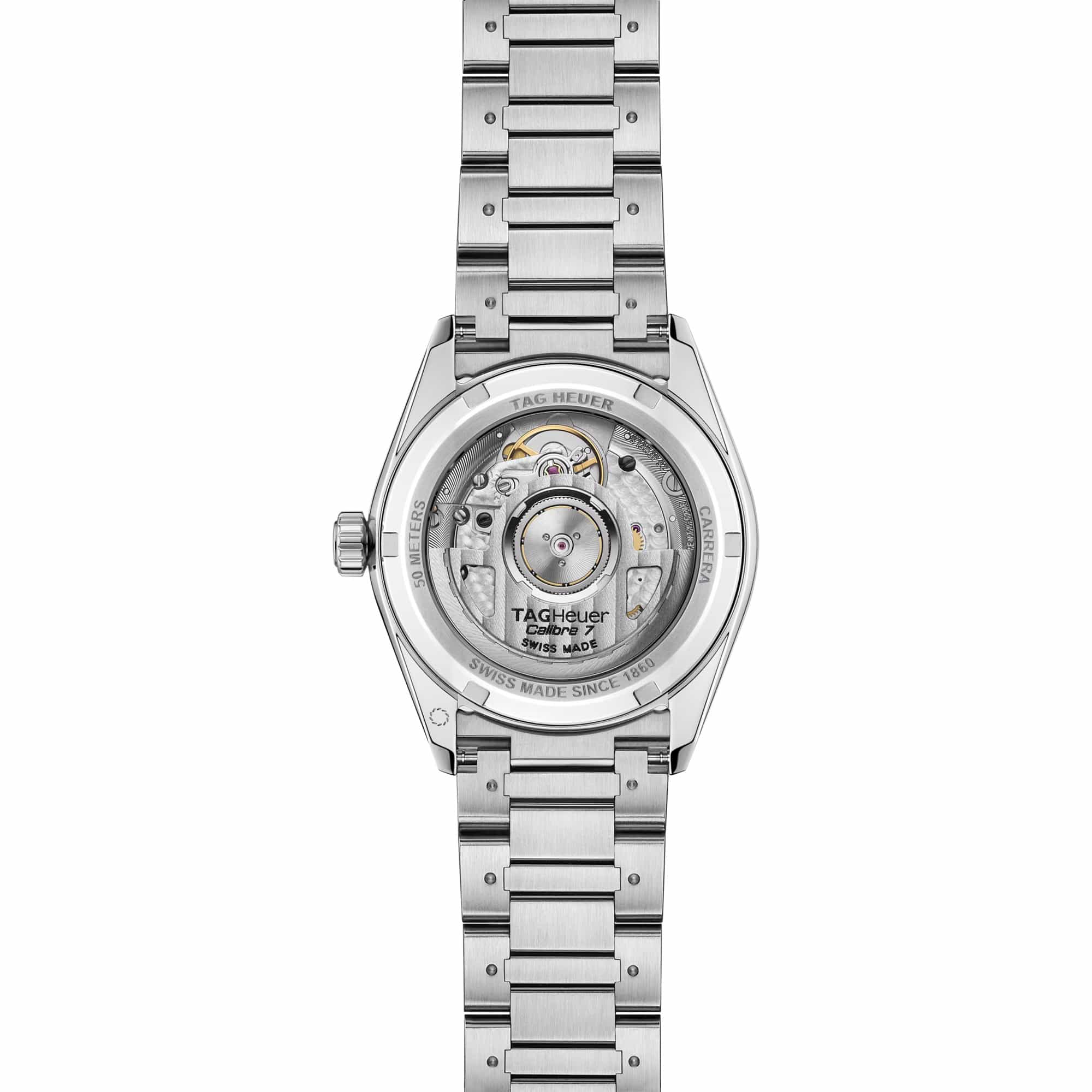 TAG Heuer Carrera Date WBN231E.BA0001 shown through the sapphire exhibition caseback, revealing the Calibre 7 automatic movement and Victory Wreath engraving. The steel bracelet is visible alongside the case-back detail.