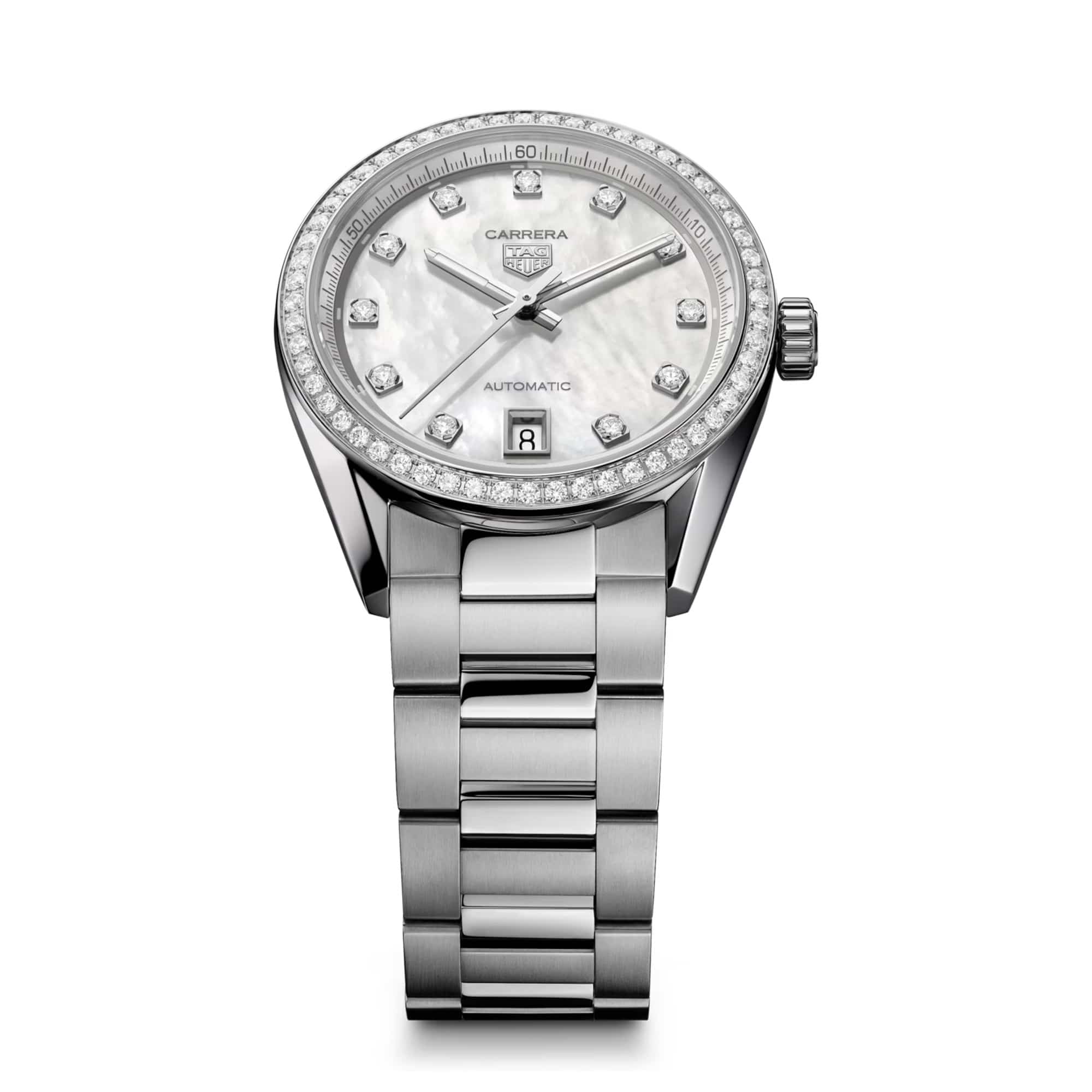 TAG Heuer Carrera Date WBN231E.BA0001 photographed at an angle highlighting the mother-of-pearl dial's diamond indexes and diamond-set bezel. The steel bracelet curves away from the lugs, showing its link construction.