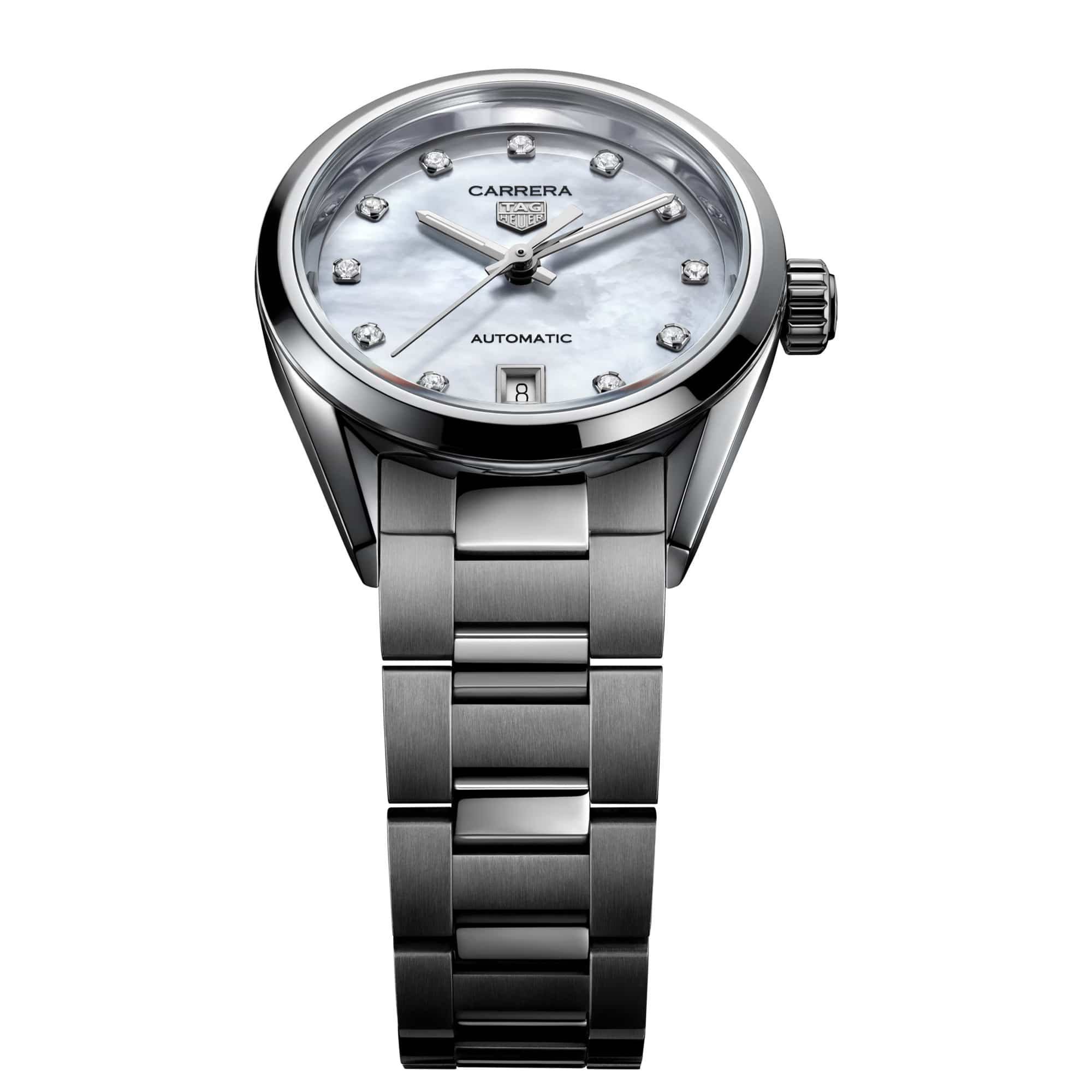 TAG Heuer Carrera Date WBN2412.BA0621 photographed in close-up focusing on the steel bracelet's polished and brushed link detailing. The case is partially visible at the top of the frame, connecting to the bracelet via the lugs.