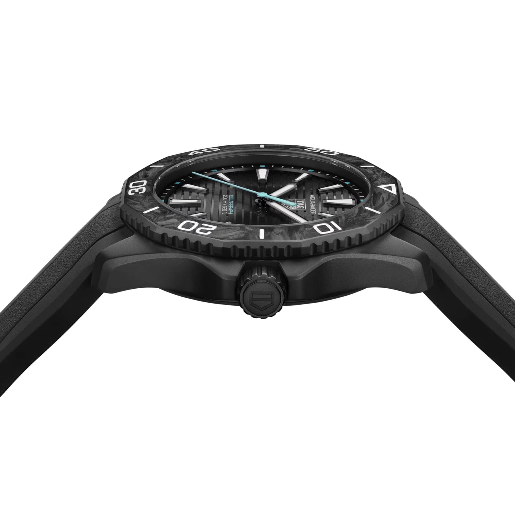 TAG Heuer Aquaracer Professional 200 Solargraph WBP1112.FT6199 photographed from a side profile, showing the case thickness and screw-down crown. The black rubber strap and carbon fiber bezel are visible together in frame.