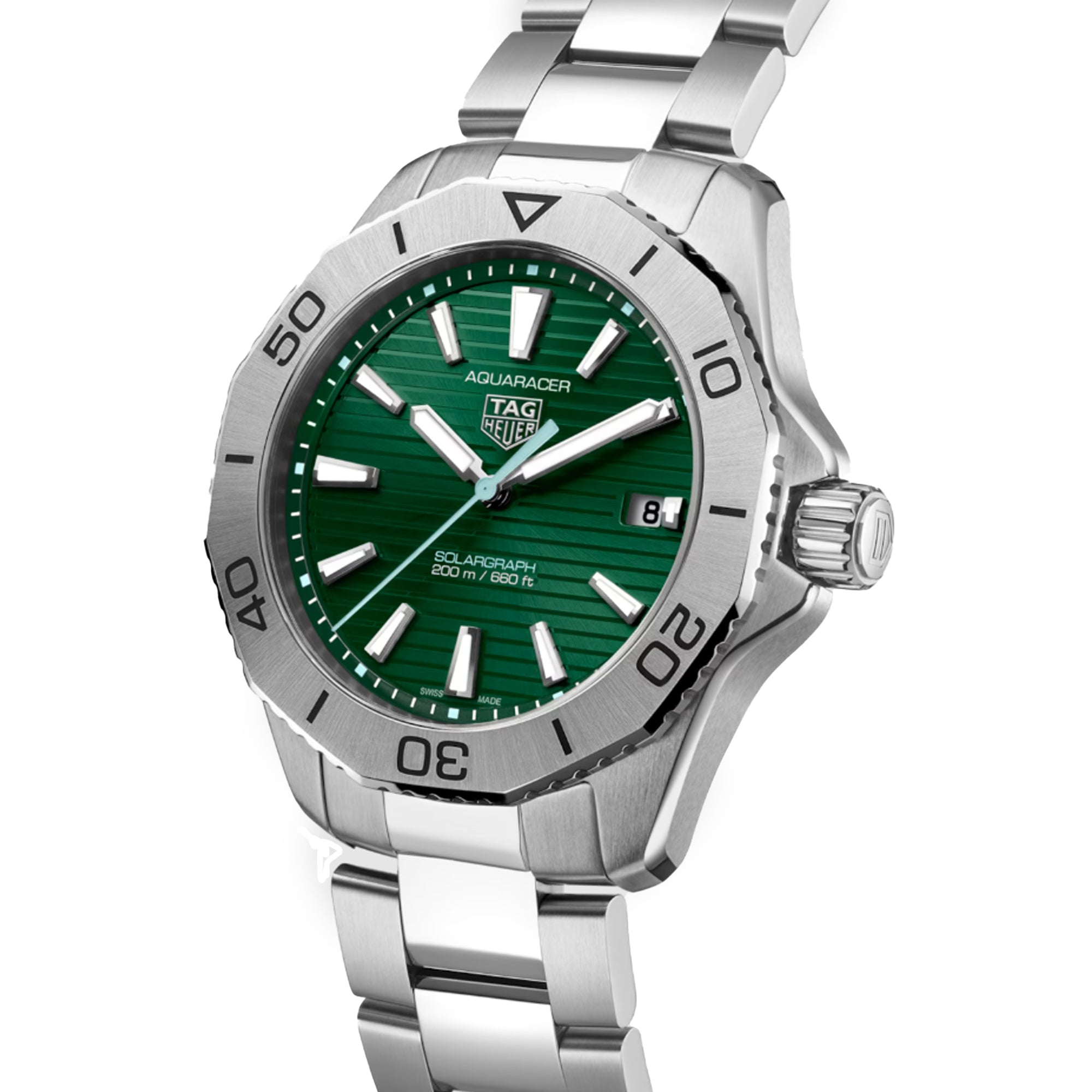 TAG HEUER AQUARACER PROFESSIONAL 200 SOLARGRAPH with Silver Bracelet and Forest Green Dial with White Accents.