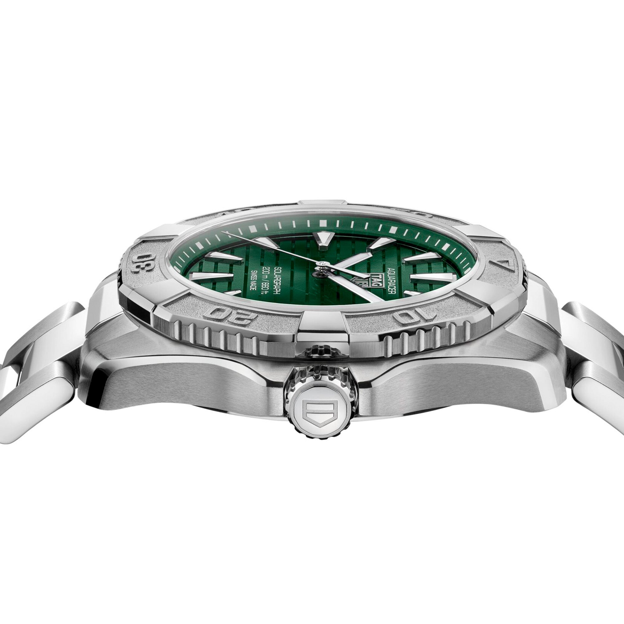 TAG Heuer Aquaracer Professional 200 Solargraph WBP1118.BA0047 steel watch with green dial, rotating bezel, and solar-powered quartz movement.