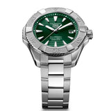 TAG Heuer Aquaracer Professional 200 Solargraph WBP1118.BA0047 steel watch with green dial, rotating bezel, and solar-powered quartz movement.