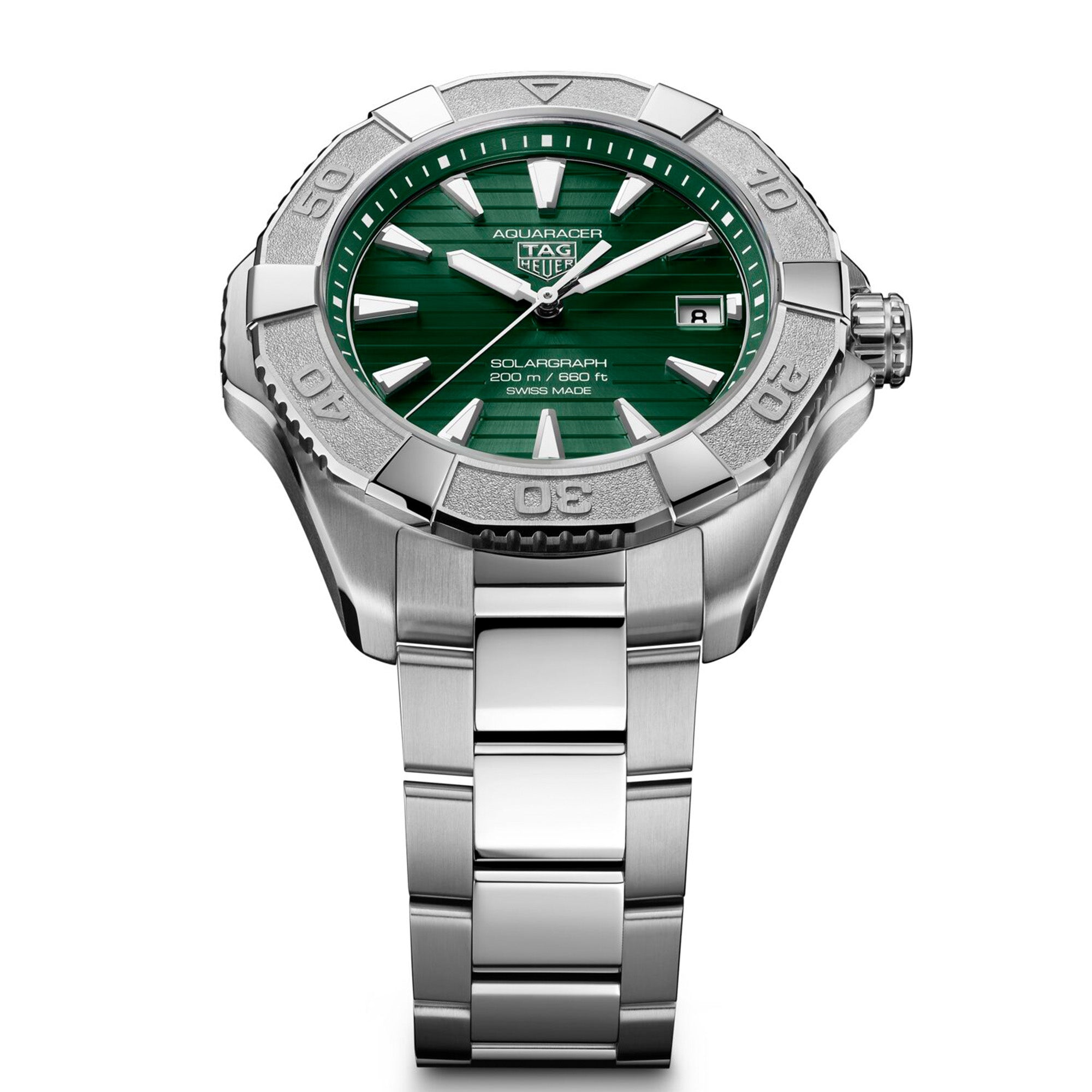 TAG Heuer Aquaracer Professional 200 Solargraph WBP1118.BA0047 steel watch with green dial, rotating bezel, and solar-powered quartz movement.