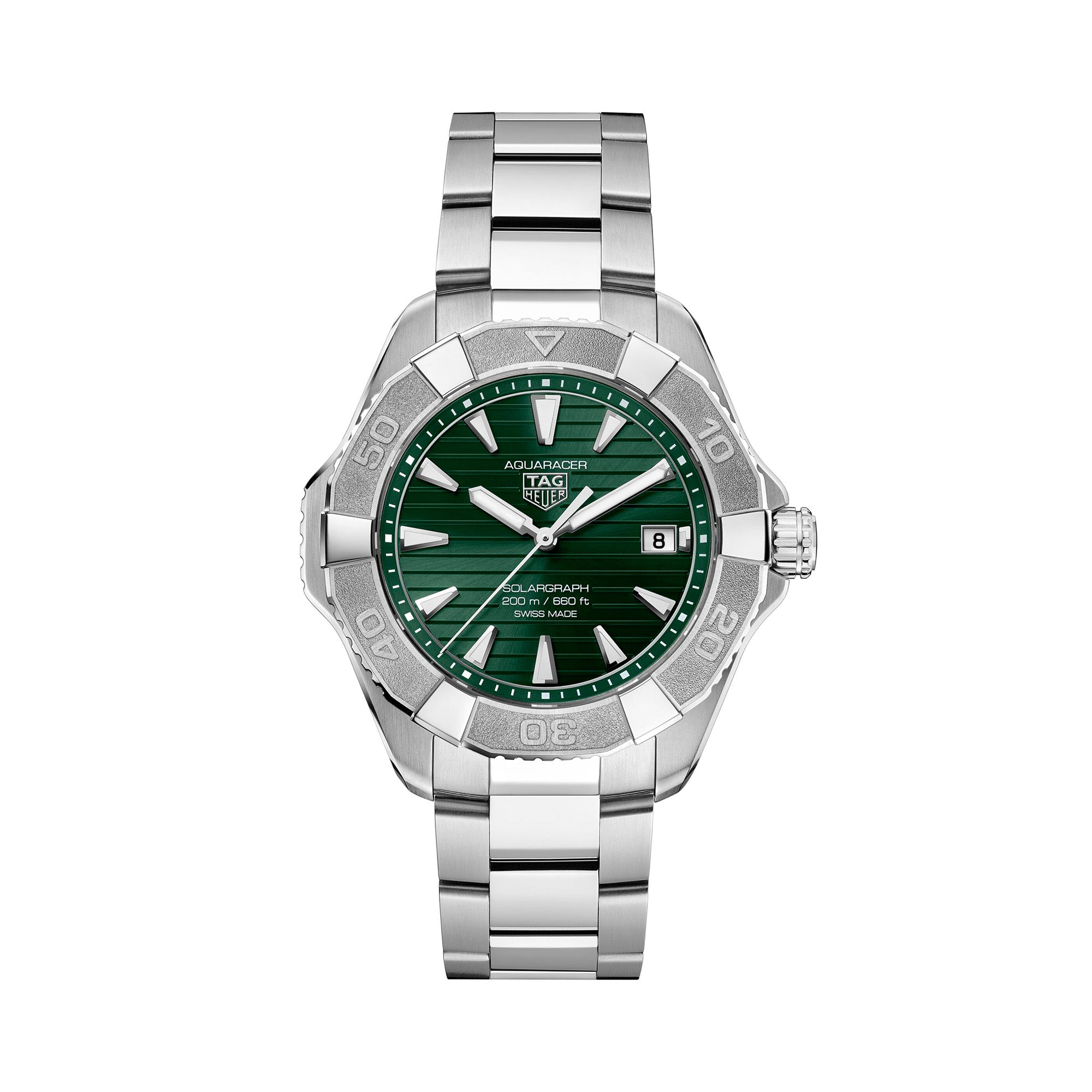 TAG Heuer Aquaracer Professional 200 Solargraph WBP1118.BA0047 steel watch with green dial, rotating bezel, and solar-powered quartz movement.
