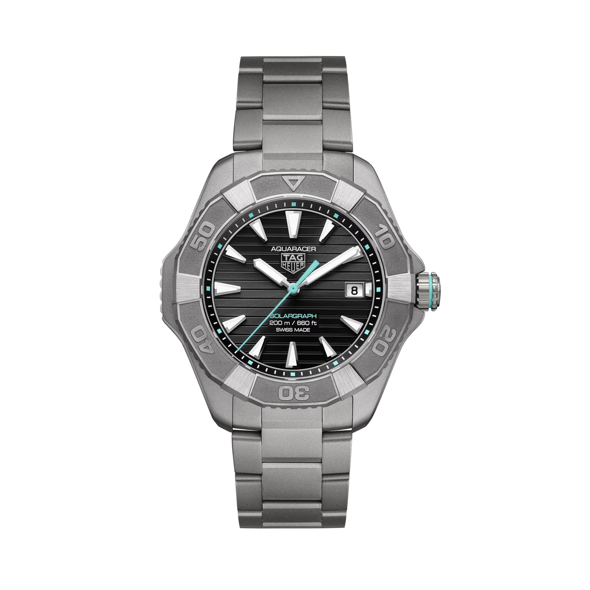 TAG Heuer Aquaracer Professional 200 Solargraph WBP1184.BF0008 titanium watch with black dial, rotating bezel, and solar-powered quartz movement.