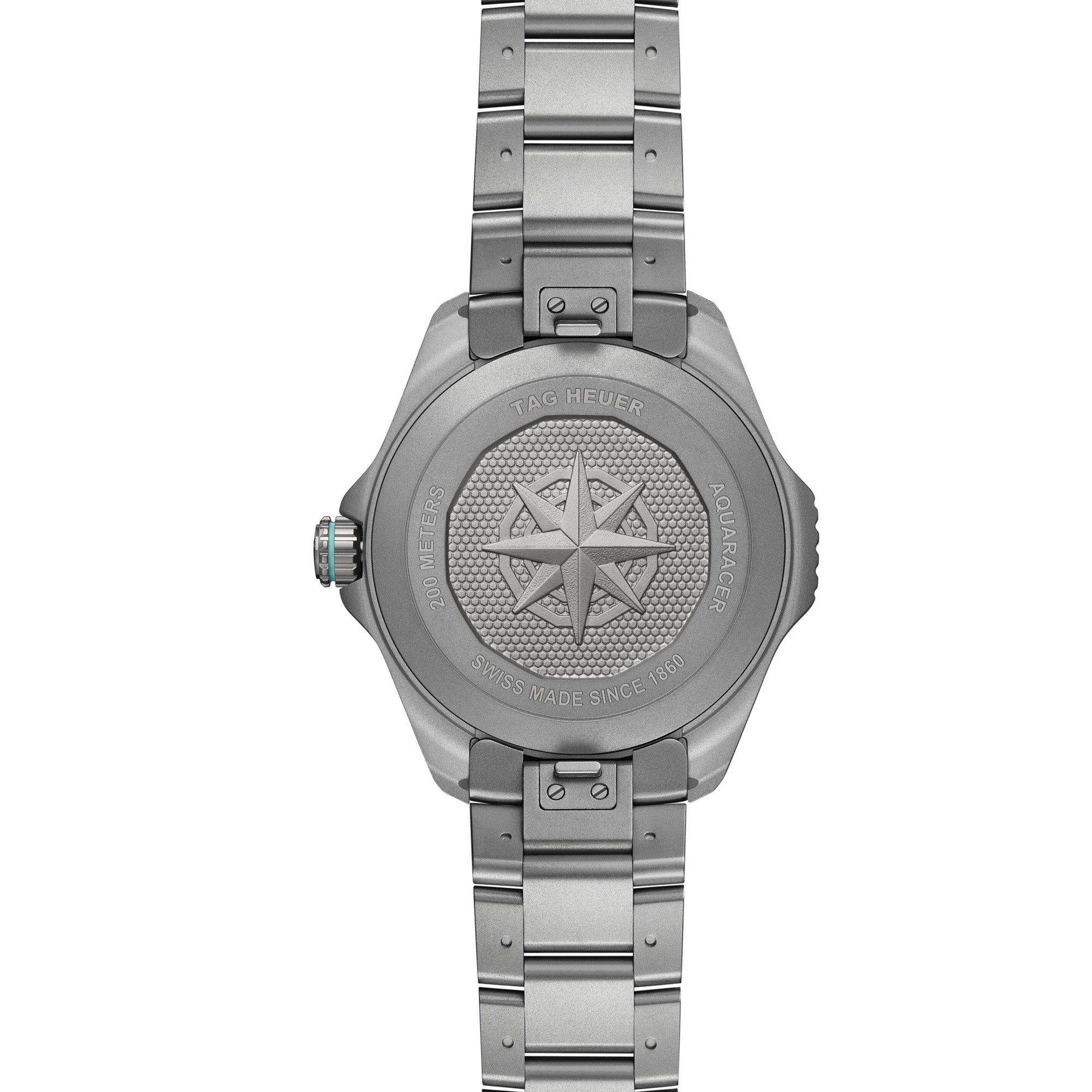 Rear view of the TAG Heuer Aquaracer Professional 200 Solargraph WBP1184.BF0008 showing the engraved titanium case back with Solargraph branding and integrated titanium bracelet design.
