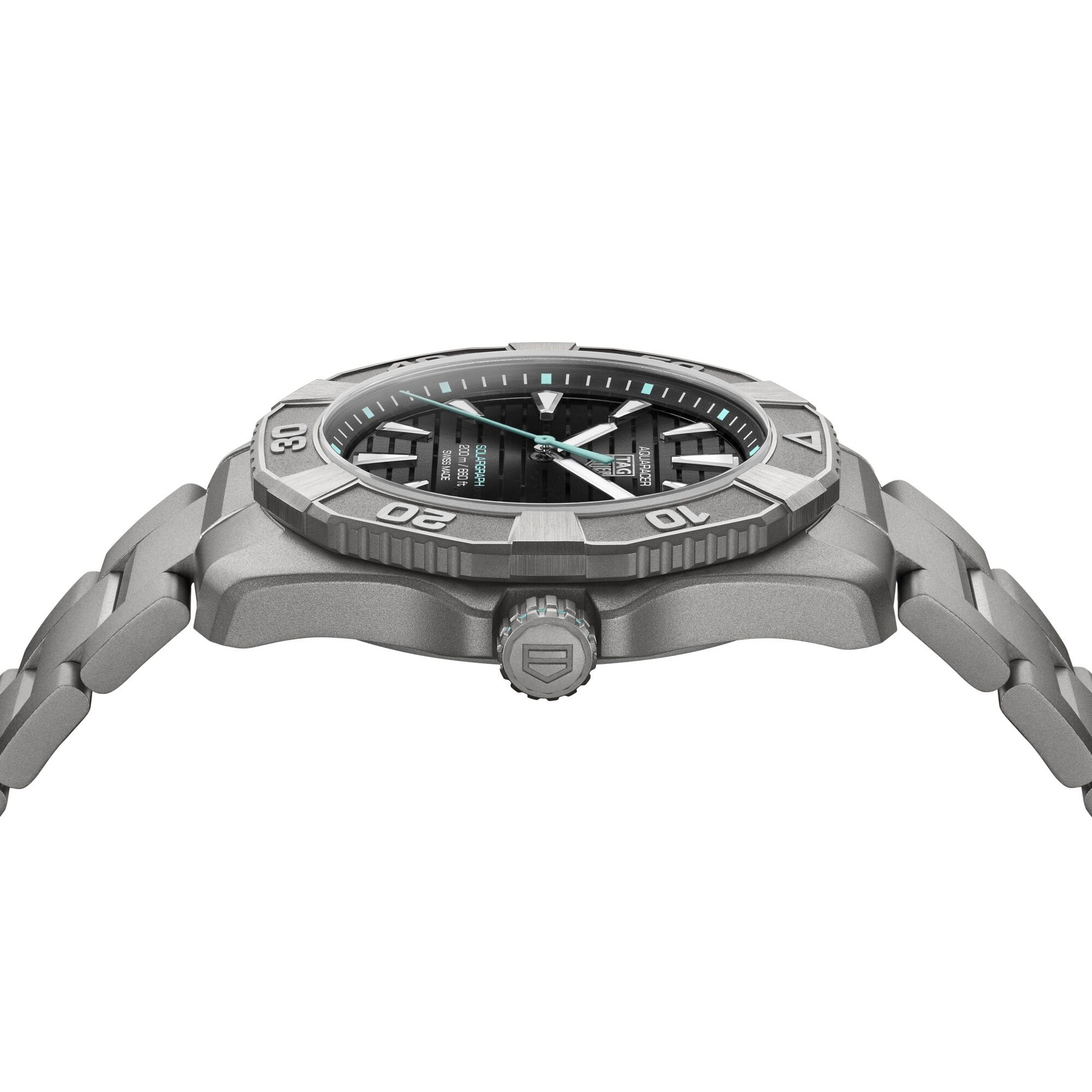 TAG Heuer Aquaracer Professional 200 Solargraph WBP1184.BF0008 titanium watch with black dial, rotating bezel, and solar-powered quartz movement.