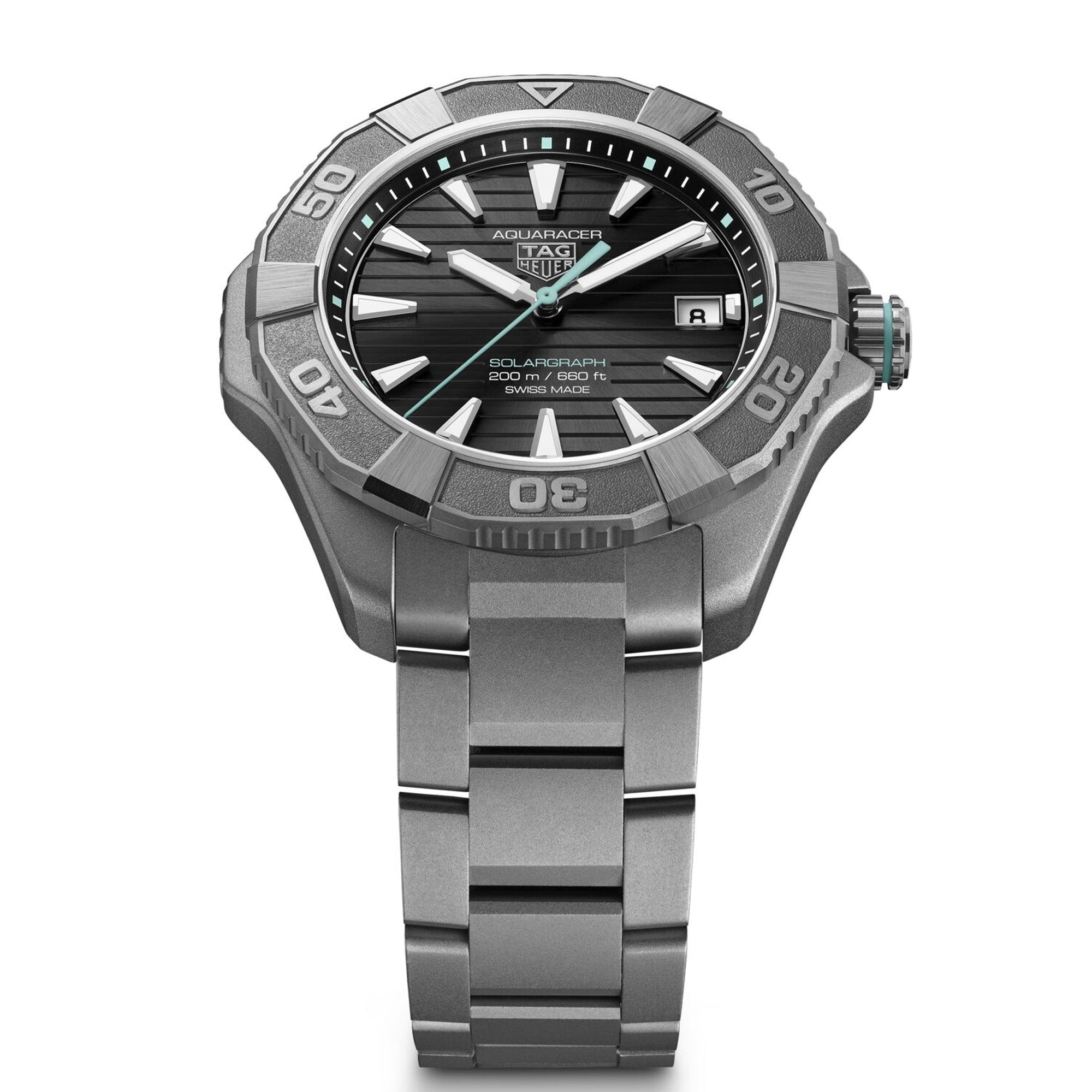 TAG Heuer Aquaracer Professional 200 Solargraph WBP1184.BF0008 titanium watch with black dial, rotating bezel, and solar-powered quartz movement.