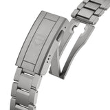 Close-up of the TAG Heuer Aquaracer Professional 200 Solargraph WBP1184.BF0008 titanium folding clasp with engraved TAG Heuer shield logo and brushed titanium bracelet links.