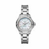 TAG Heuer Aquaracer Professional 200 Solargraph Solar Quartz 34mm Steel WBP1314.BA0005 shown face-on with its diamond-set bezel and mother-of-pearl dial fully visible. The steel bracelet is displayed straight down, showing its polished and brushed link pattern.