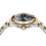 TAG Heuer Aquaracer Professional 200 Solargraph WBP1323.BB0004 photographed from a side profile, showing the case thickness and screw-down gold-plated crown. The two-tone bracelet and bezel are visible together in frame.