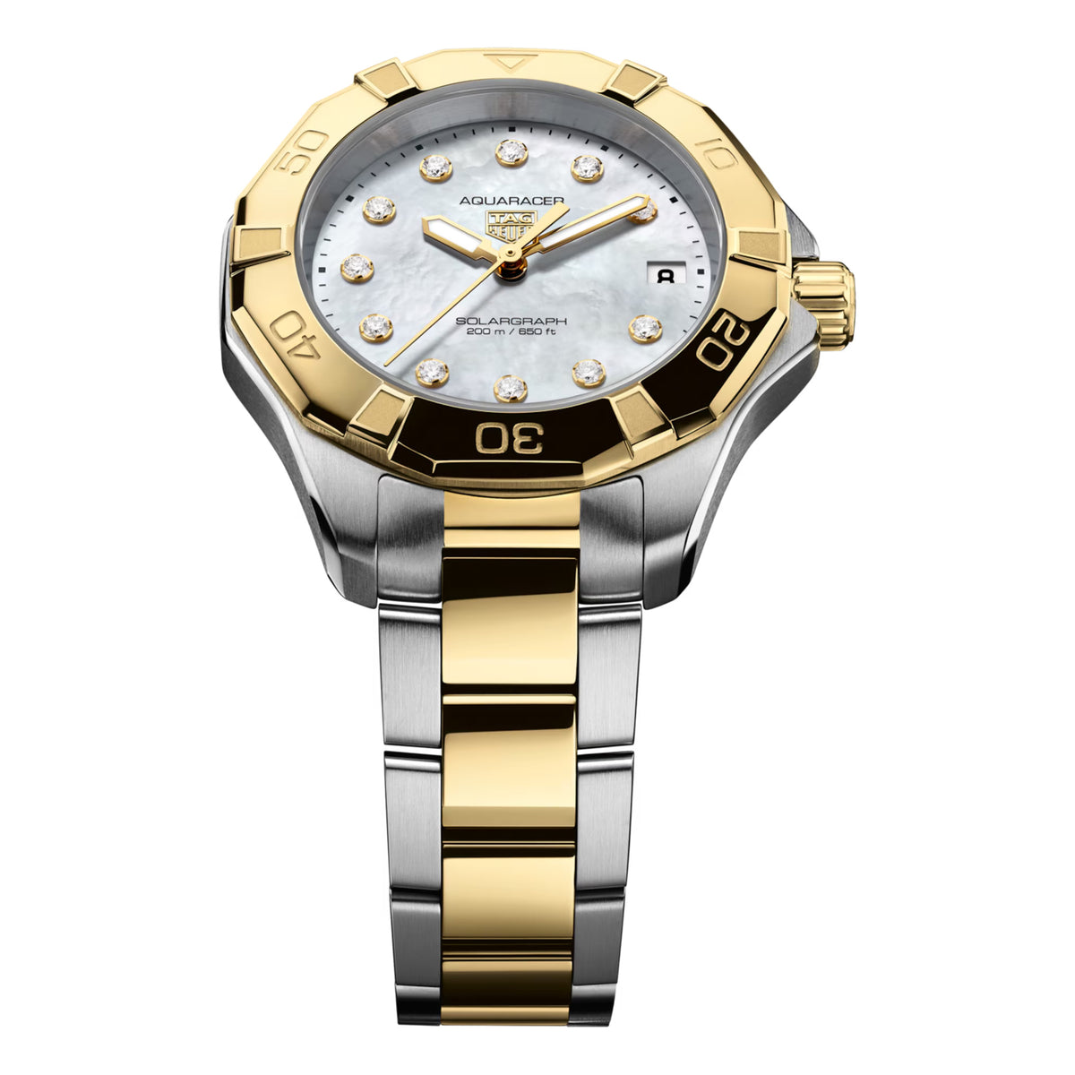 TAG Heuer Aquaracer Professional 200 Solargraph WBP1326.BB0004 photographed at an angle highlighting the mother-of-pearl dial’s diamond indexes and gold-plated turning bezel. The two-tone bracelet curves away from the lugs, showing its link construction.