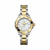 TAG Heuer Aquaracer Professional 200 Solargraph WBP1327.BB0004 shown face-on with its white mother-of-pearl dial and gold-plated bezel fully visible. The two-tone bracelet is displayed straight down, showing its fine-brushed and polished link pattern.