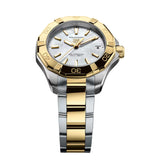 TAG Heuer Aquaracer Professional 200 Solargraph WBP1327.BB0004 photographed at an angle highlighting the mother-of-pearl dial's gold-plated indexes and turning bezel. The two-tone bracelet curves away from the lugs, showing its link construction.