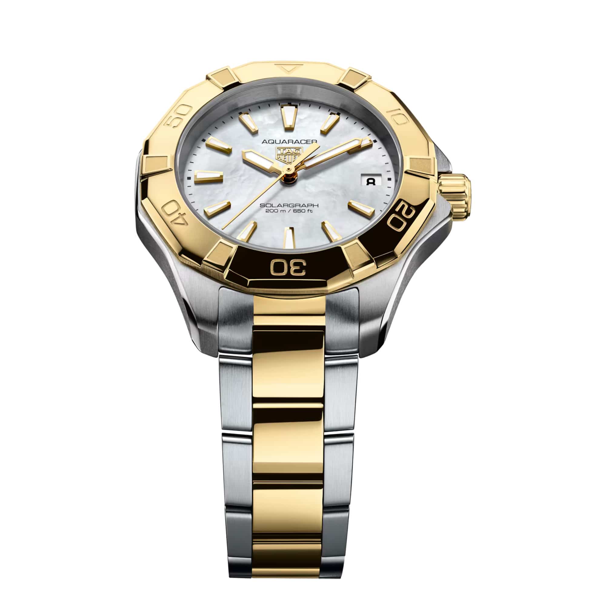 TAG Heuer Aquaracer Professional 200 Solargraph WBP1327.BB0004 photographed at an angle highlighting the mother-of-pearl dial's gold-plated indexes and turning bezel. The two-tone bracelet curves away from the lugs, showing its link construction.