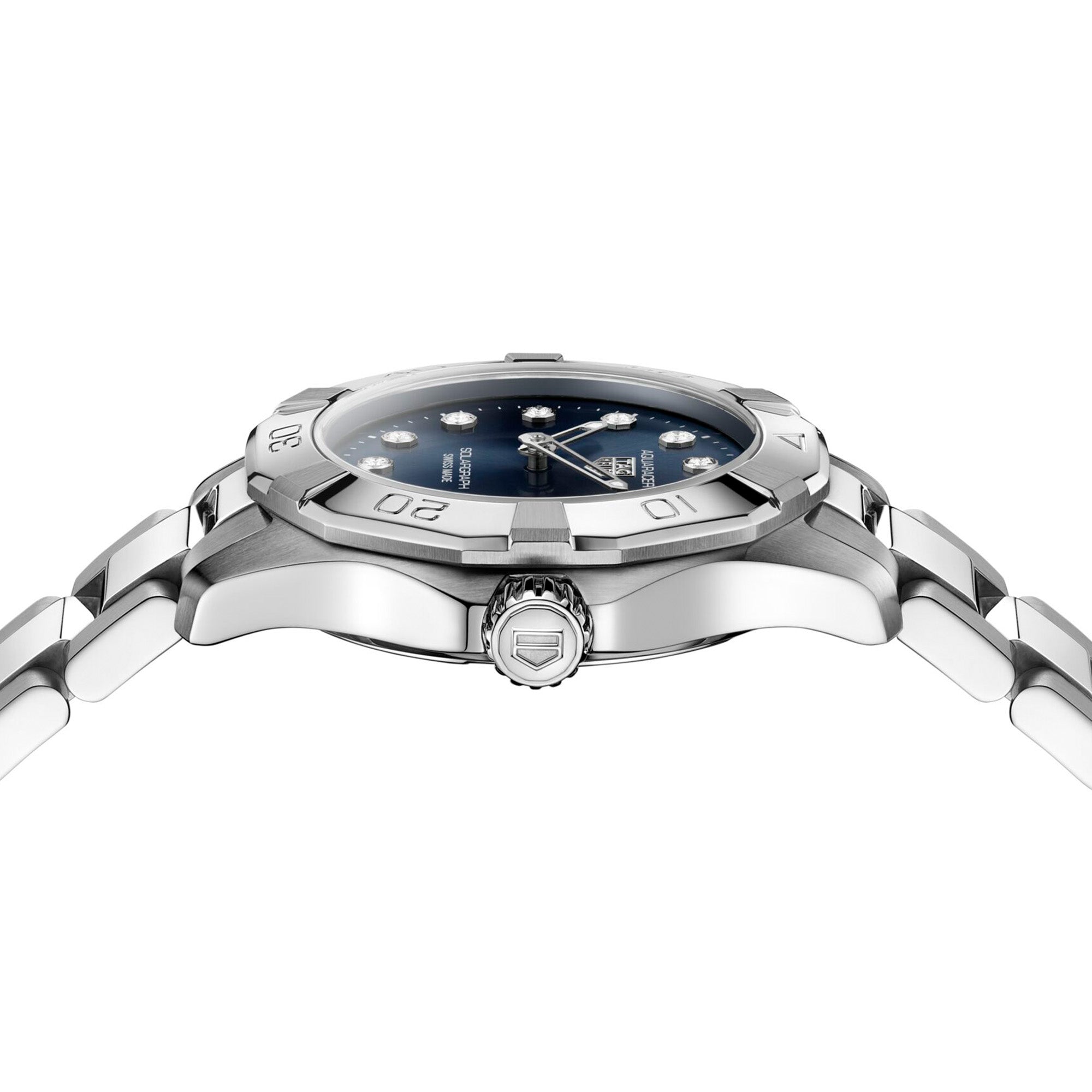 TAG Heuer Aquaracer Professional 100 Solargraph WBP141E.BA0049 steel watch with blue diamond dial and solar-powered quartz movement.