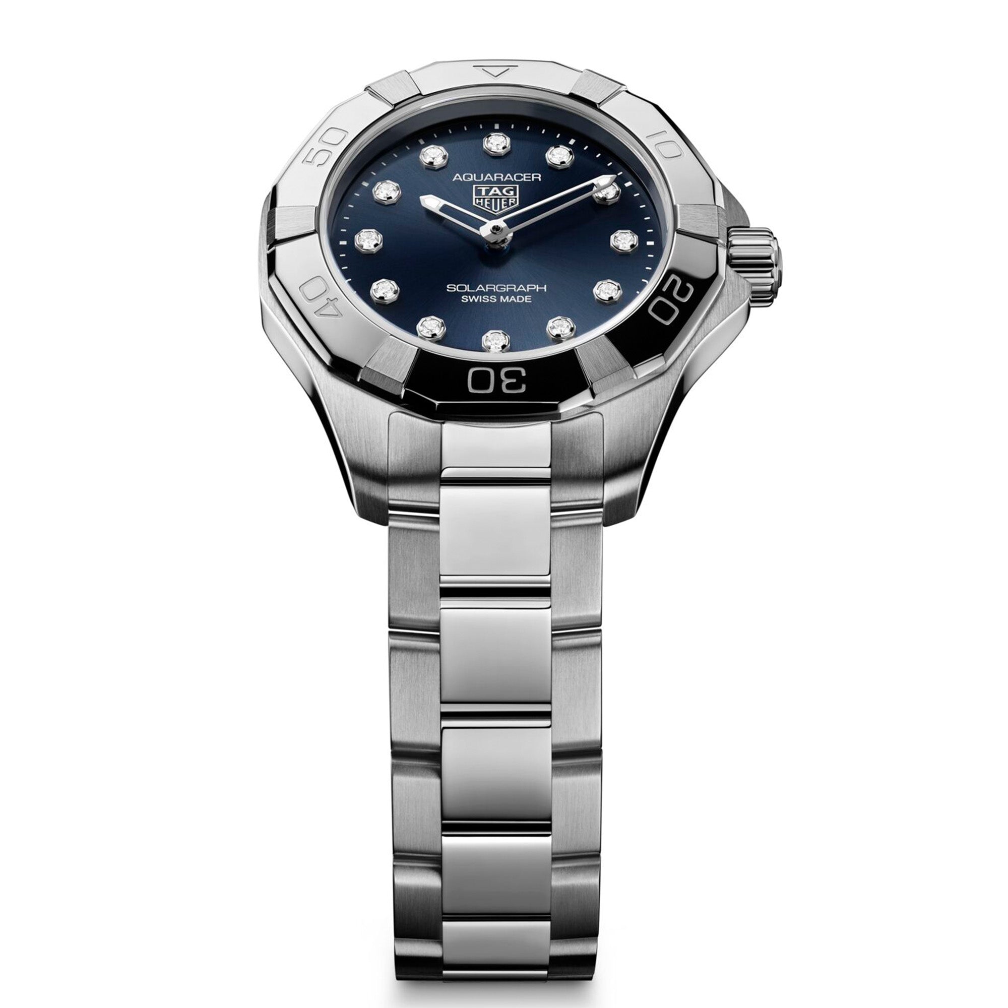 TAG Heuer Aquaracer Professional 100 Solargraph WBP141E.BA0049 steel watch with blue diamond dial and solar-powered quartz movement.