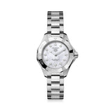 TAG Heuer Aquaracer Professional 100 Solargraph WBP141H.BA0049 steel watch with white mother-of-pearl diamond dial and solar-powered quartz movement.
