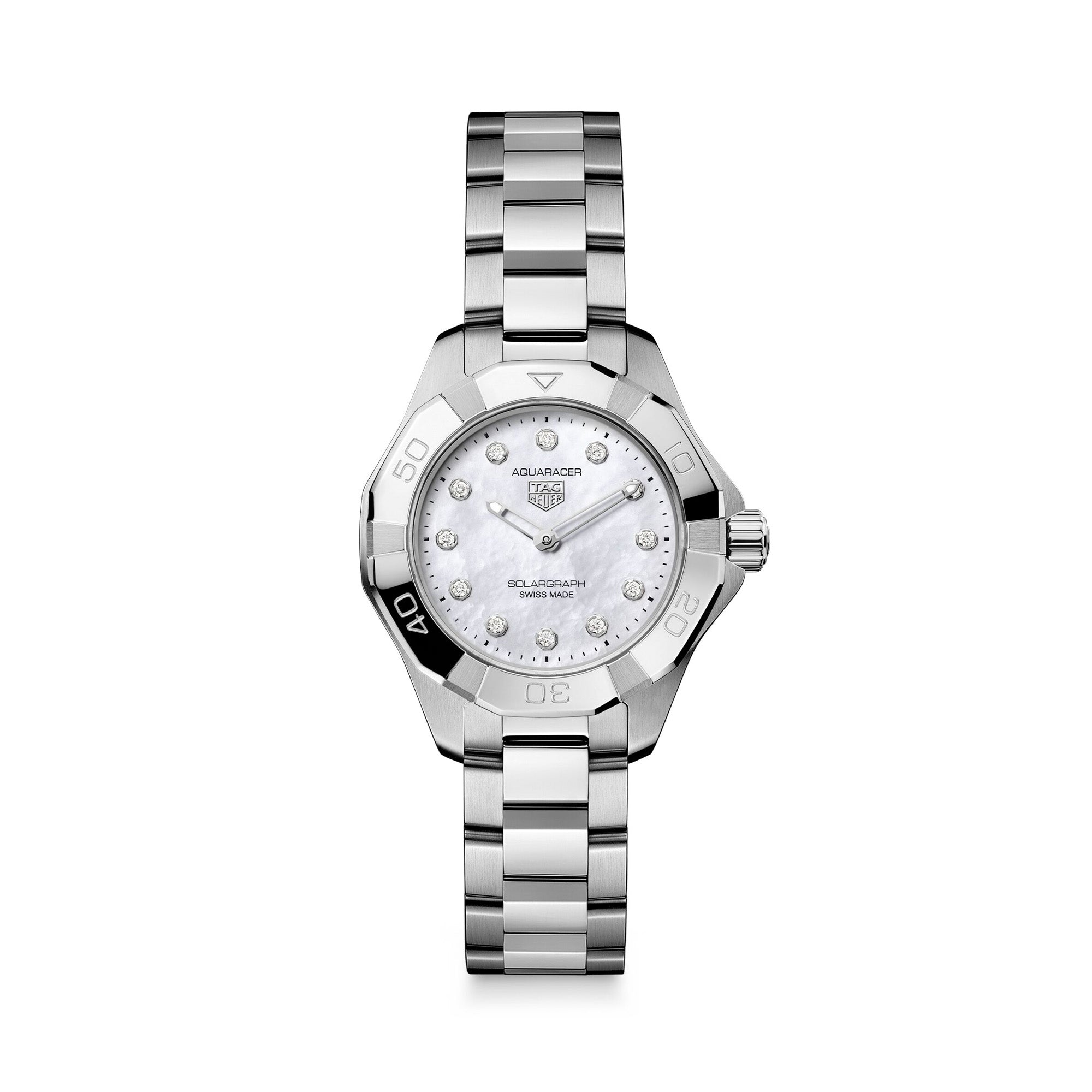 TAG Heuer Aquaracer Professional 100 Solargraph WBP141H.BA0049 steel watch with white mother-of-pearl diamond dial and solar-powered quartz movement.