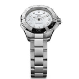 TAG Heuer Aquaracer Professional 100 Solargraph WBP141H.BA0049 steel watch with white mother-of-pearl diamond dial and solar-powered quartz movement.