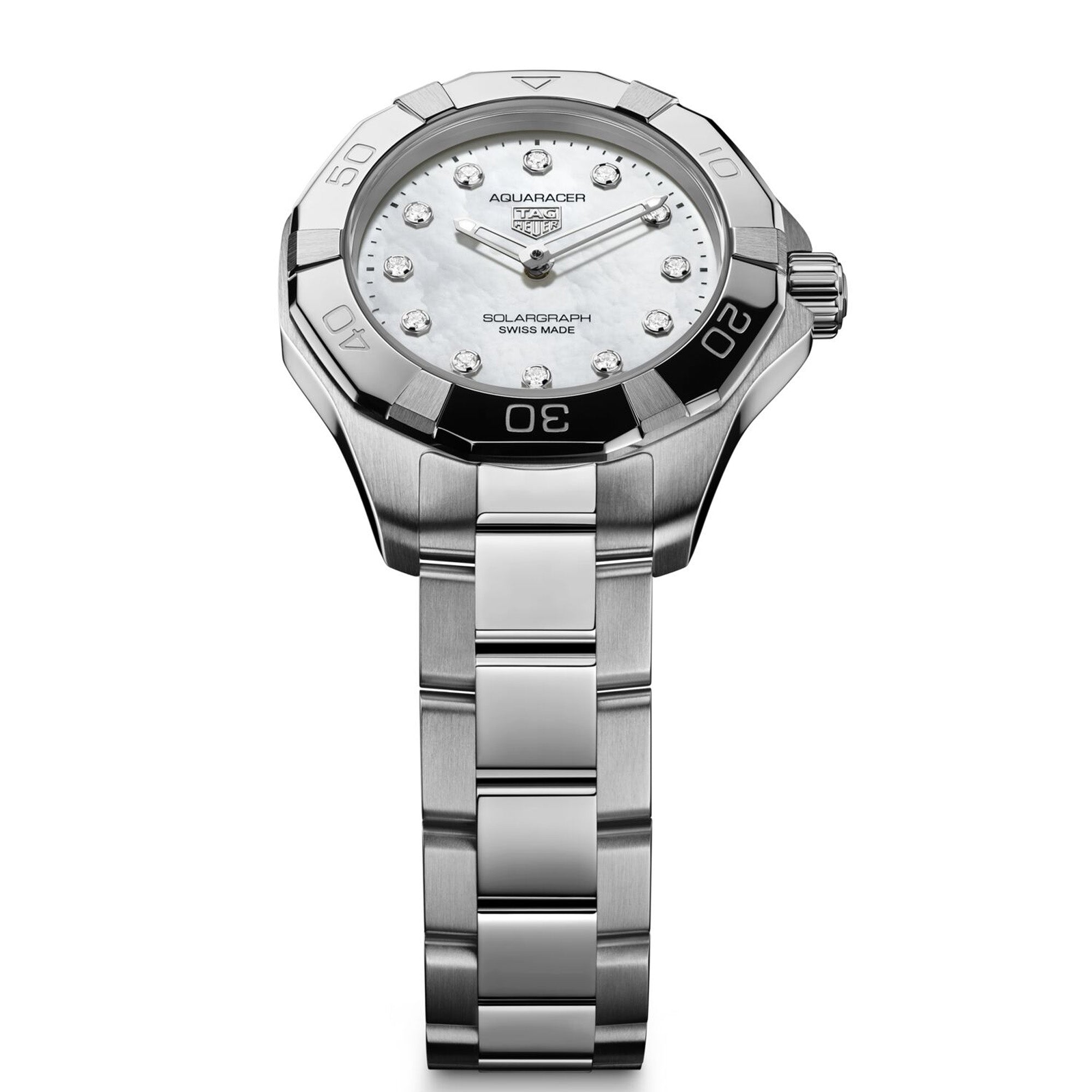 TAG Heuer Aquaracer Professional 100 Solargraph WBP141H.BA0049 steel watch with white mother-of-pearl diamond dial and solar-powered quartz movement.